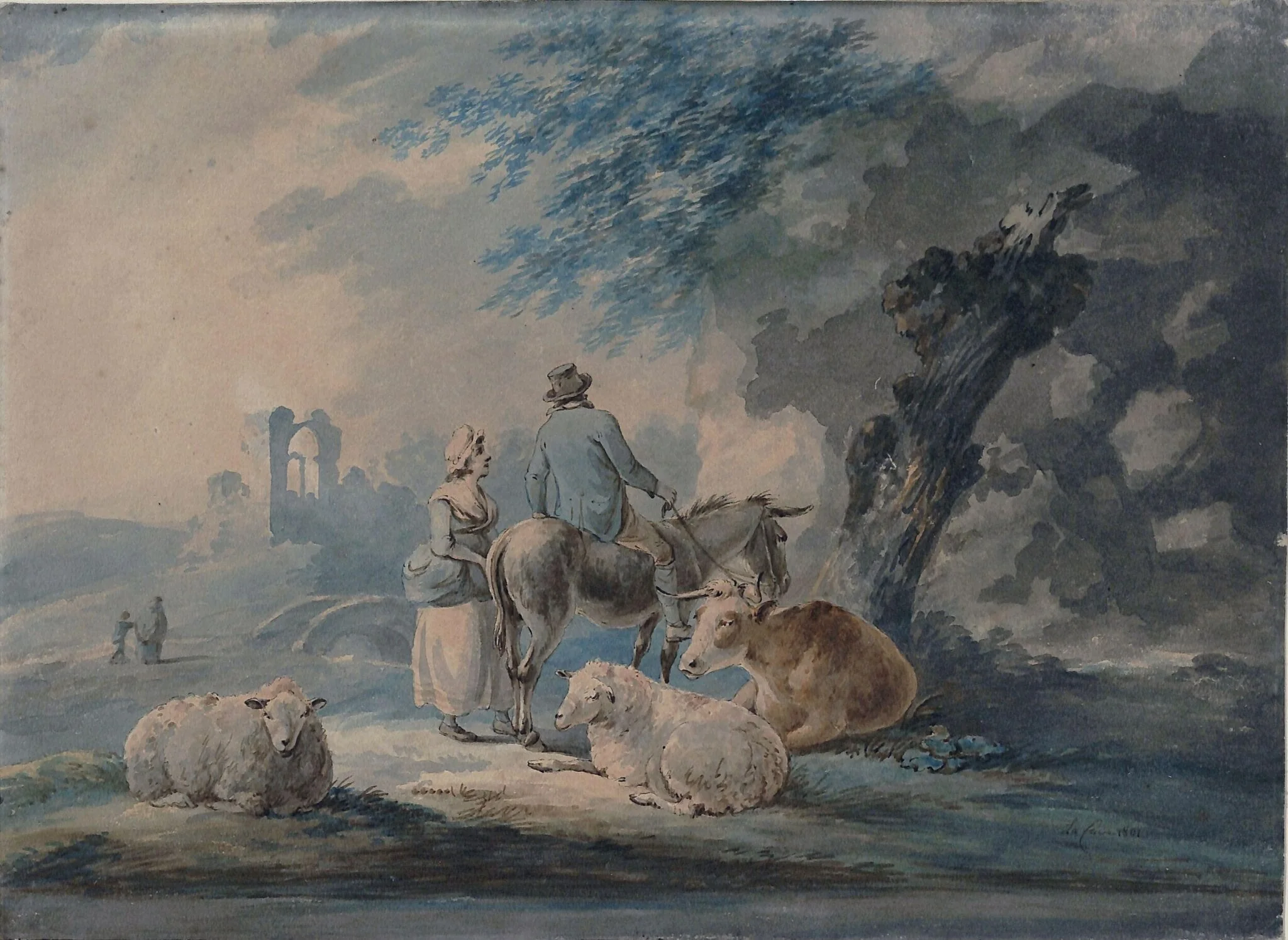 Landscape with figures, sheep, and a cow, detail