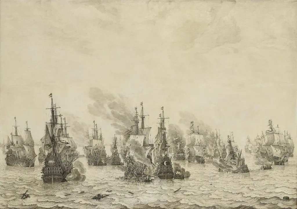 The Batlle of Livorno, 14 March 1653: episode from the First Anglo-Dutch War (1652-54), by Willem van de Velde the elder, ink, 1654
