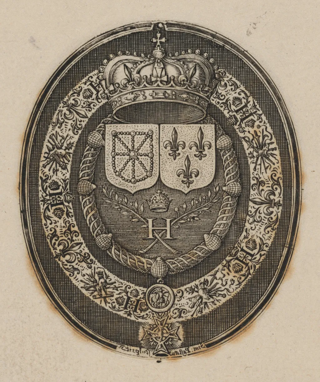 Shields of Henri IV and Maria de Medici [bottom half], by Simon van de Passe, ink, 1621