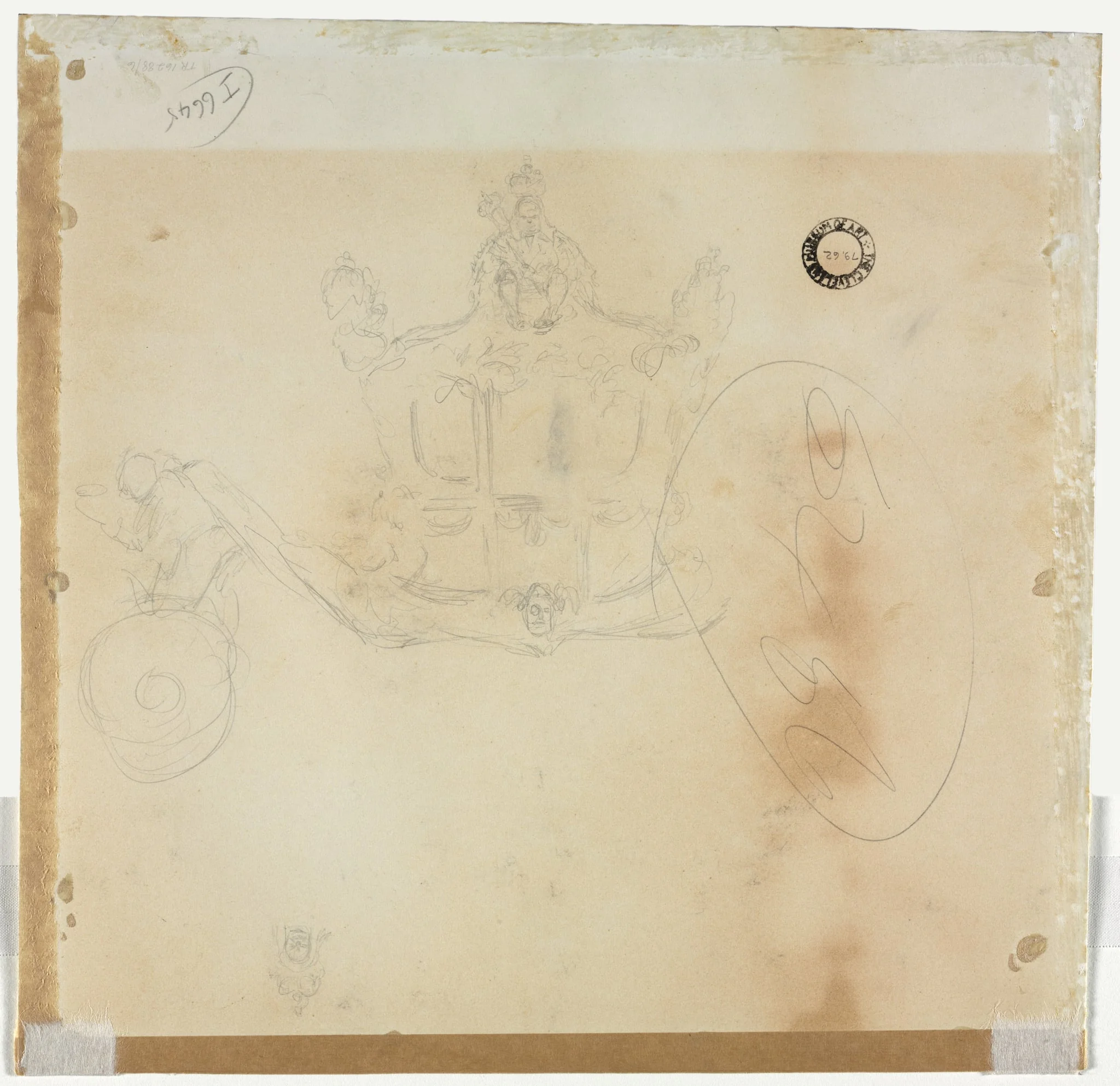 Study for Cab and Front Left Wheel of Coach and Study for Head of Crowned Figure Seated on Top of Coach (verso), detail