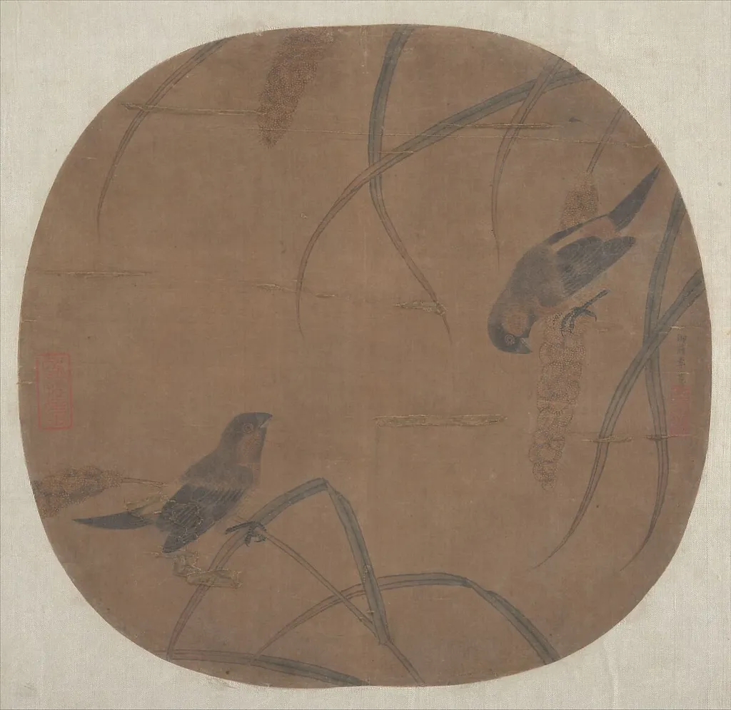 明/清 佚名 李安忠(僞款) 高粱雙雀圖 團扇|Sparrows and Millet, by After Li Anzhong, ink, 1506