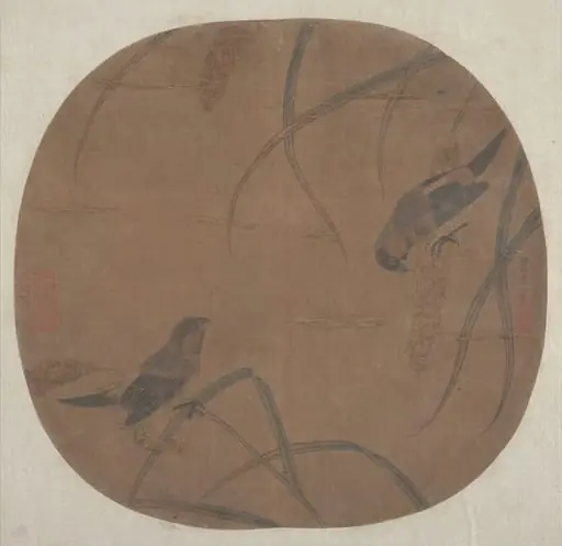 明/清　佚名　李安忠(僞款)　 高粱雙雀圖　團扇|Sparrows and Millet, by After Li Anzhong, 1506