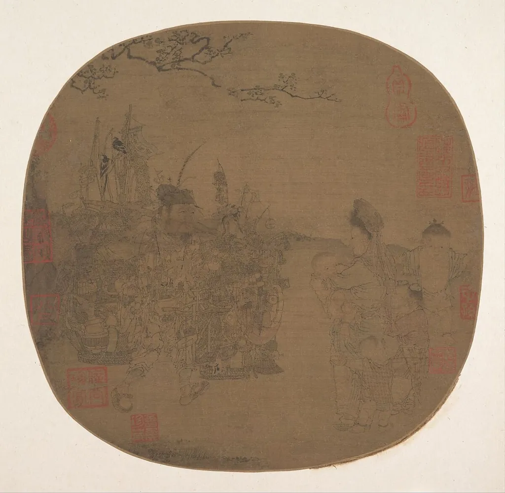 元/明 佚名 絹本設色 貨郎嬰戲圖 扇頁|Knickknack Peddler, by After Li Song, ink, 1349