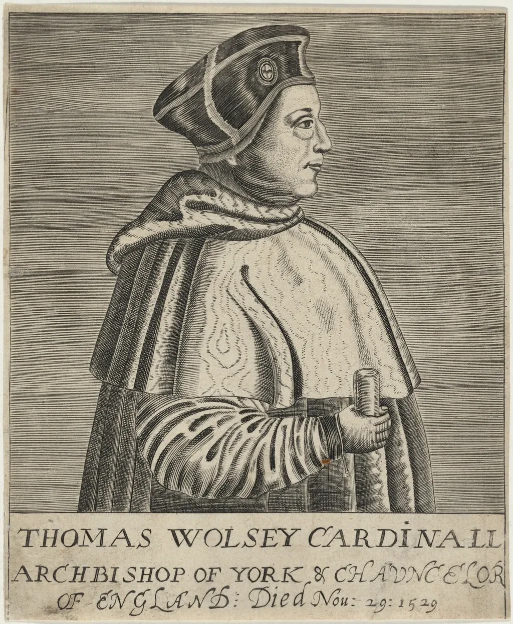 Thomas Wolsey, Cardinal, by after Renold Elstrack, ink, 1598