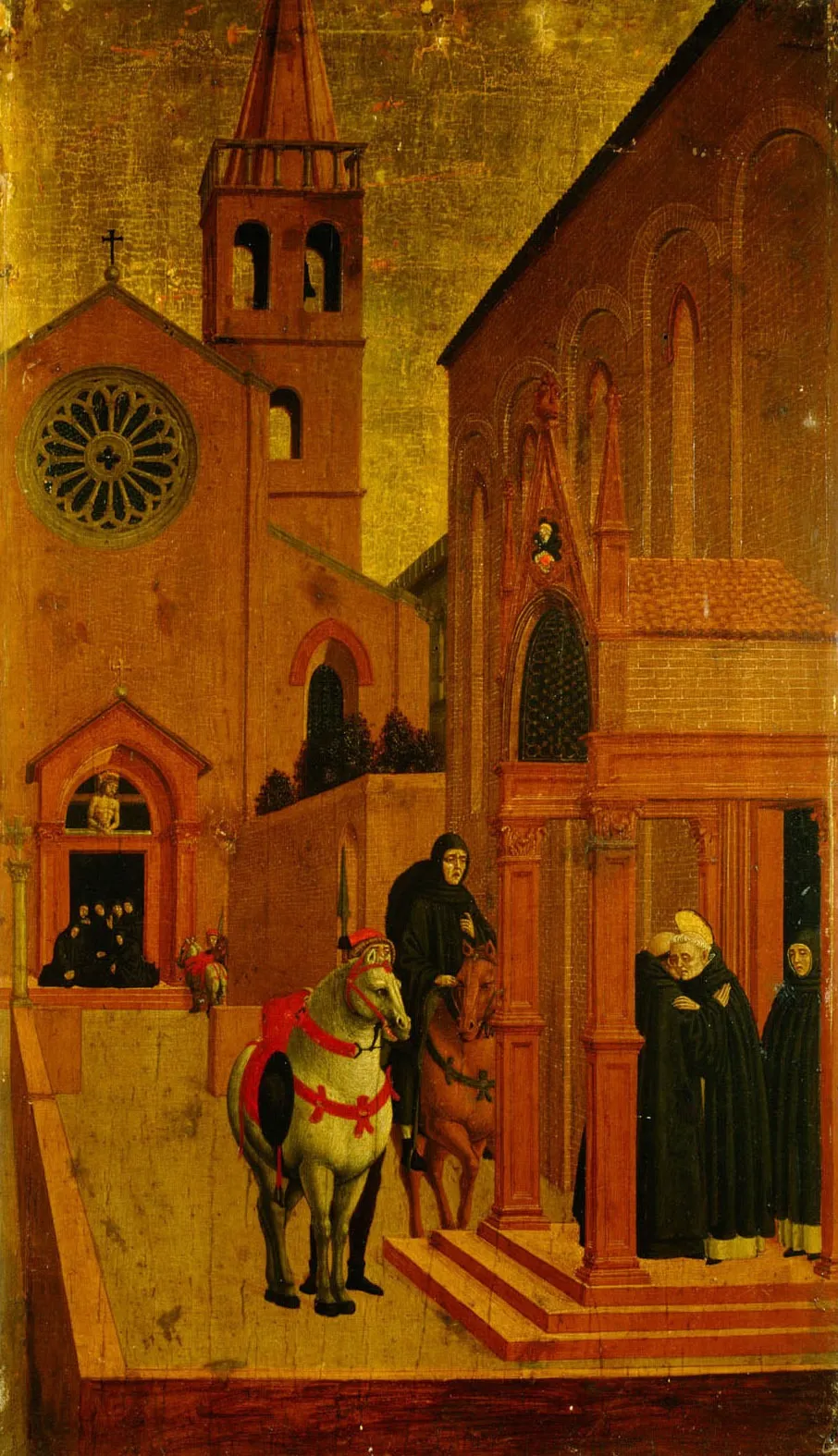 Szene aus dem Leben des Hl. Vinzenz Ferrer: Besuch des Priors von Oreola beim Heiligen; Tod des Bruders Gilabertus vor der Kirchentür, by Agnolo degli Erri, unspecified