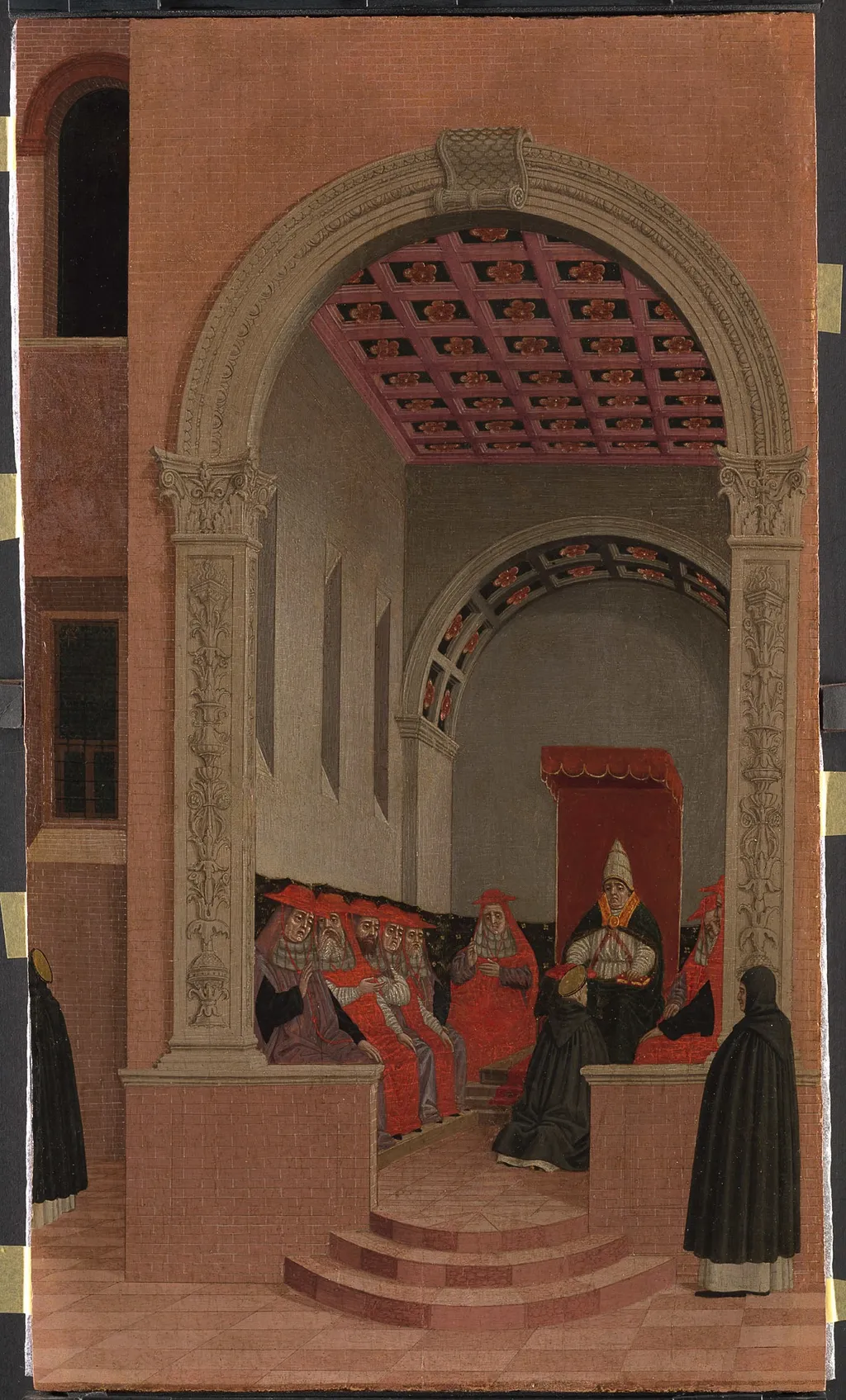 Szene aus dem Leben des Hl. Vinzenz Ferrer: Der Heilige erhält vom Papst die Erlaubnis, das Evangelium überall durch Predigt zu verkünden, by Agnolo degli Erri, unspecified