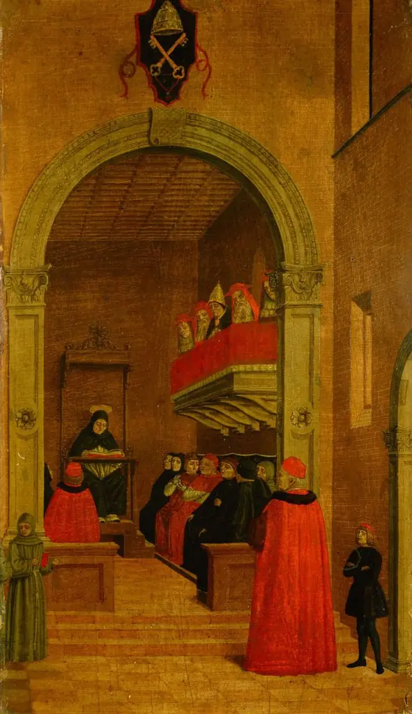 Szene aus dem Leben des Hl. Vinzenz Ferrer: Der Heilige legt in Avignon in Gegenwart des Papstes und der Kardinäle das Wort aus, by Agnolo degli Erri