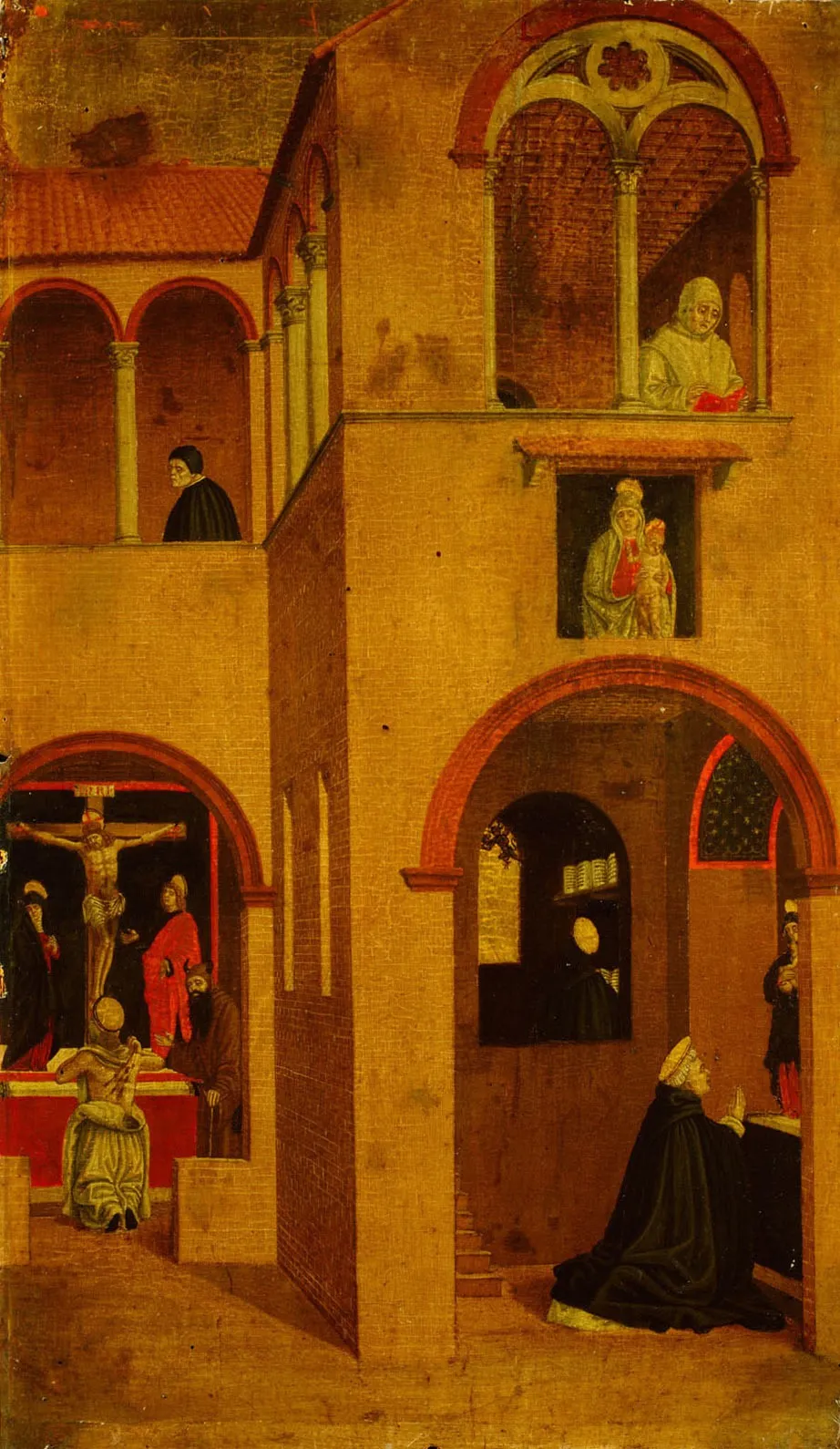 Szene aus dem Leben des Hl. Vinzenz Ferrer: Der Heilige wird vor dem Altar und in seiner Zelle beim Lesen des Heiligen Hieronymus vom Teufel versucht; er wird von der Muttergottes getröstet, by Agnolo degli Erri, unspecified