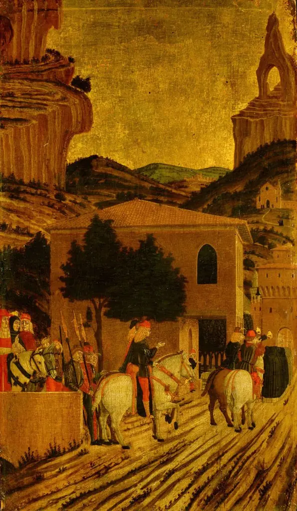 Szene aus dem Leben des Hl. Vinzenz Ferrer: Der Predigerzug des Heiligen, der auf einem Esel reitet, by Agnolo degli Erri