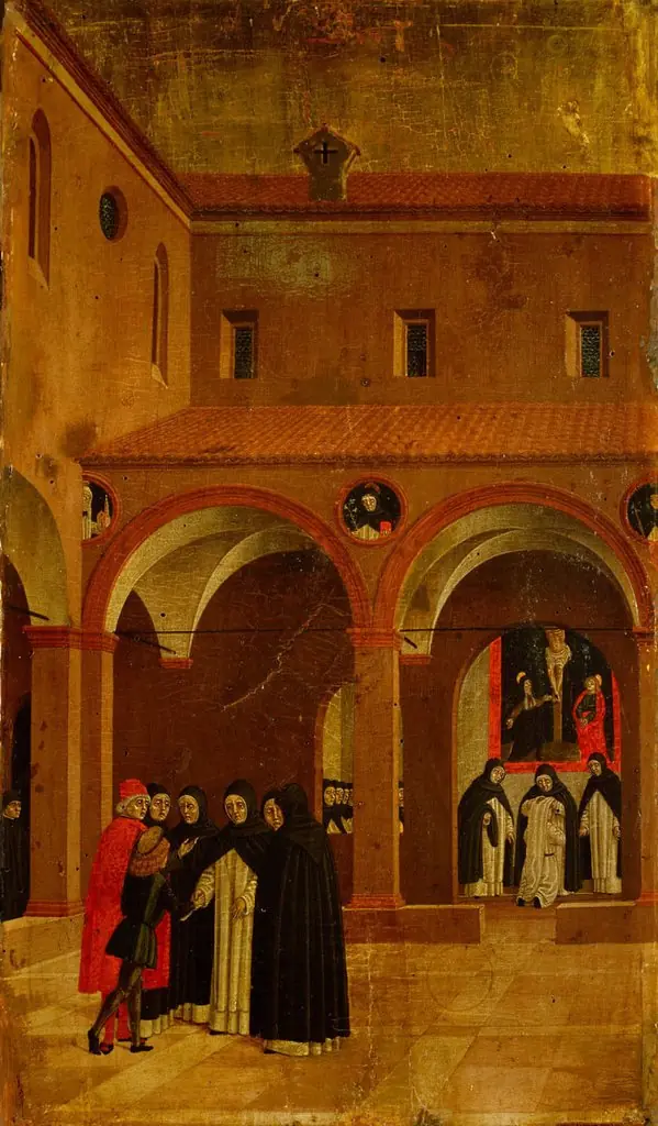 Szene aus dem Leben des Hl. Vinzenz Ferrer: Der Vater führt den Knaben Vinzenz zu den Dominikaners, von denen er drei Tage später eingekleidet wird, by Agnolo degli Erri
