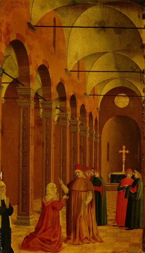 Szene aus dem Leben des Hl. Vinzenz Ferrer: Die Mutter des Heiligen fragt den Bischof von Valencia nach dem Sinn der wunderbaren Zeichen, die die Geburt ihres Kindes ankündigen, by Agnolo degli Erri
