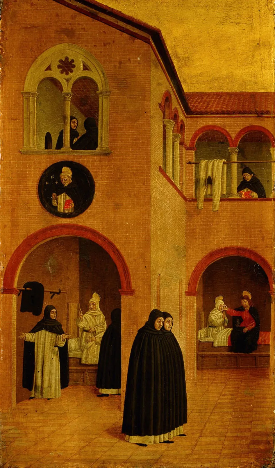 Szene aus dem Leben des Hl. Vinzenz Ferrer: Durch Aufregungen infolge des Schismas erkrankt der Heilige; er wird am Krankenbett vom Heiligen Dominikus besucht und von Christus geheilt, by Agnolo degli Erri, unspecified