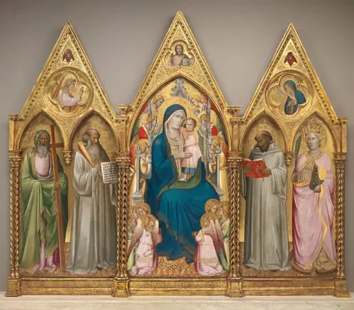 Madonna and Child with Saints Andrew, Benedict, Bernard, and Catherine of Alexandria with Angels [entire triptych], by Agnolo Gaddi