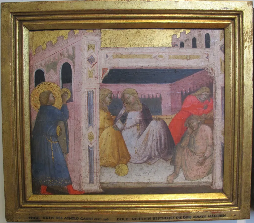Stories of St. Nicholas. Saint Nicholas presenting Gifts to Three Pool girls, by Agnolo Gaddi, paint