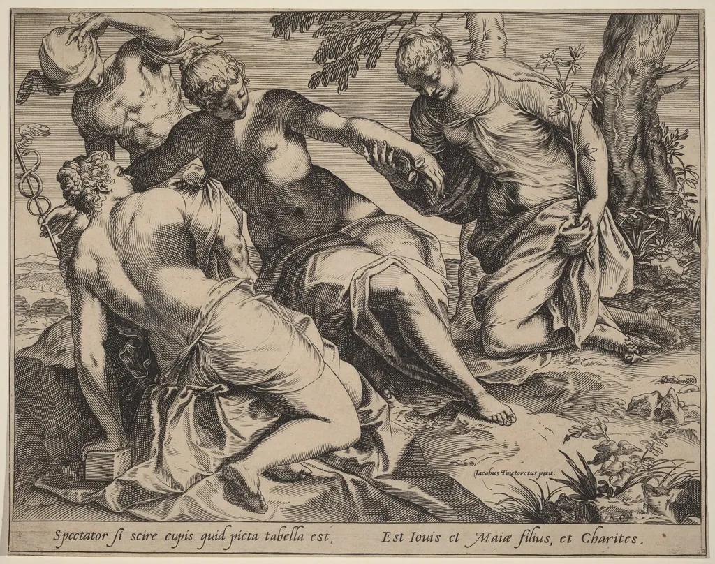 Mercury and the Three Graces, by Agostino Carracci, ink, 1589