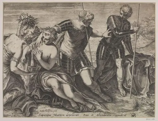 Minerva nourishing Peace and Plenty, by Agostino Carracci