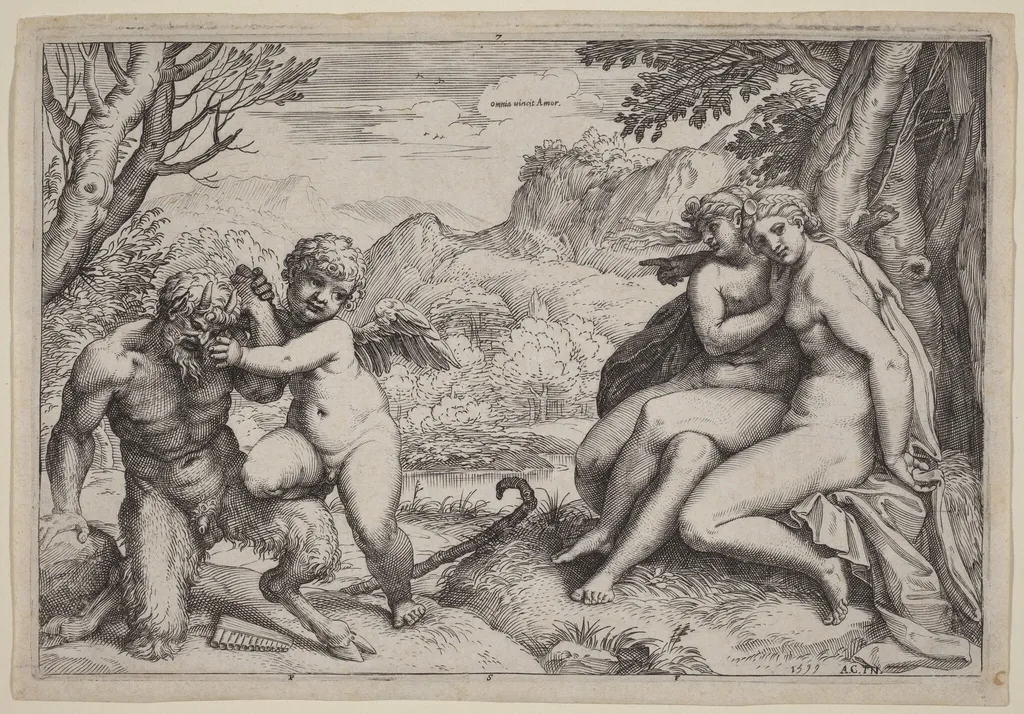 Pan Taming Eros, by Agostino Carracci, ink, 1599