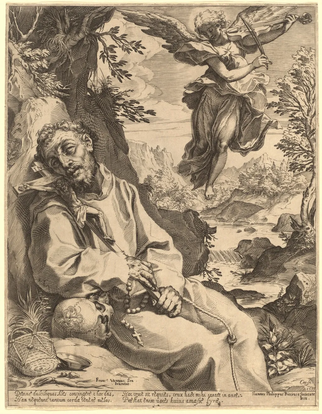 Saint Francis Consoled by the Musical Angel, by Agostino Carracci, ink, 1595