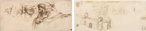 Study of Heads (recto); Crenelated Fortress (verso), by Agostino Carracci