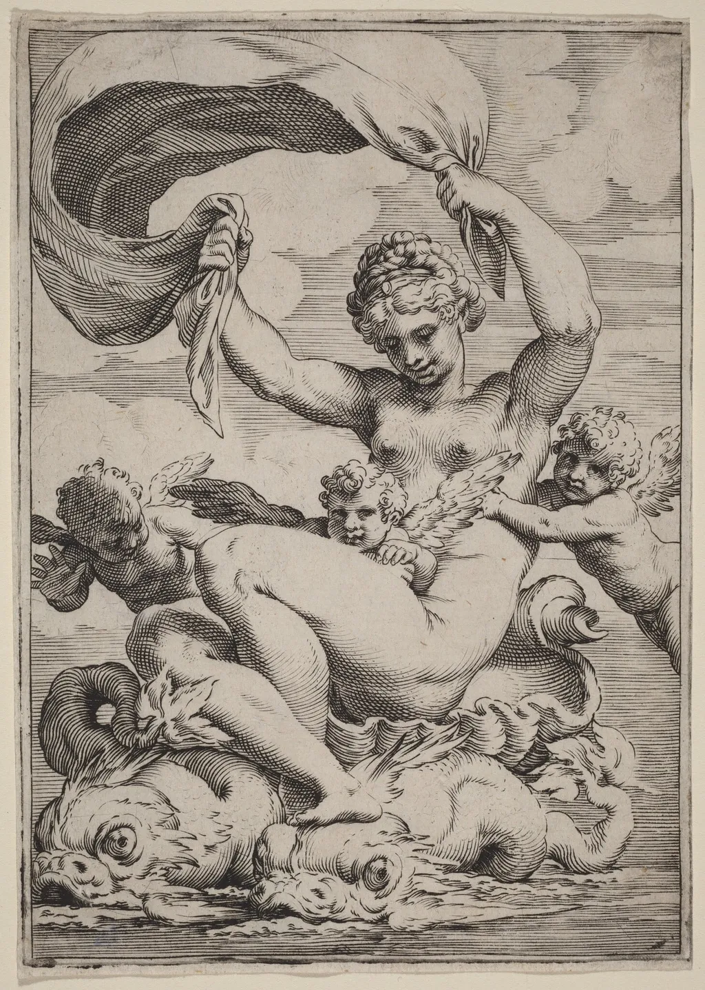 Venus or Galatea Supported by Dolphins, by Agostino Carracci, ink, 1592