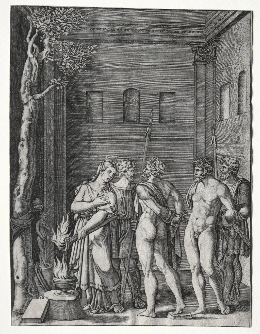 Orestes and Pylades brought to Iphigenia for Sacrifice, by Agostino dei Musi, 1525