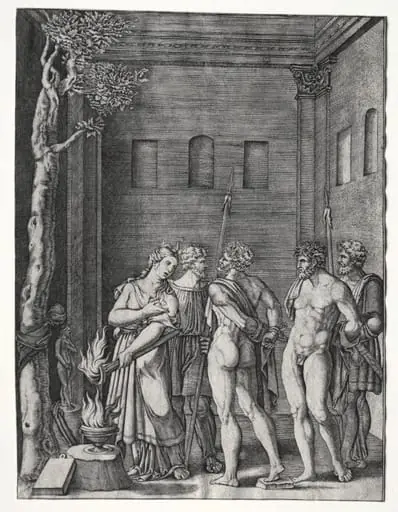 Orestes and Pylades brought to Iphigenia for Sacrifice, by Agostino dei Musi
