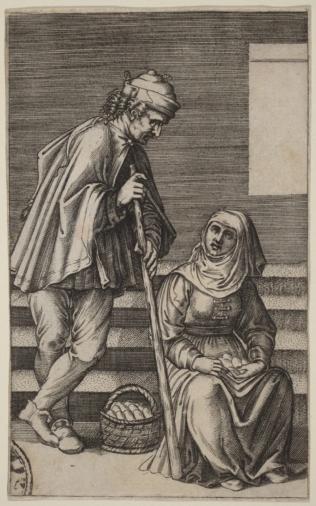Peasant and Egg Woman, by Agostino dei Musi, ink, 1525