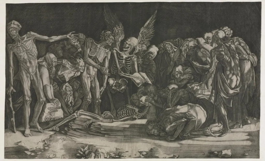 Skeletons, also known as Allegory of Death and Fame, by Agostino dei Musi, 1518