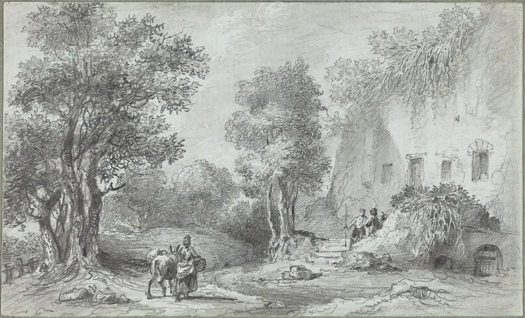 Landscape with Peasants before an Inn, by Aignan-Thomas Desfriches, graphite, 1768