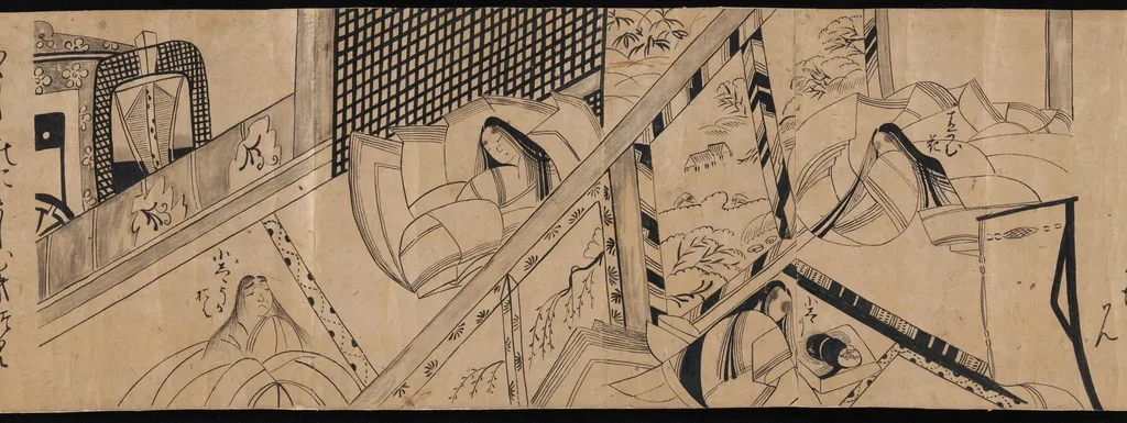 "Akashi", "Channel Buoys" ("Miotsukushi"), "The Wormwood Patch" ("Yomogiu"), "Gatehouse" ("Sekiya"), and "Picture Contest" ("E-awase") chapters from the Tale of Genji (Genji monogatari), unspecified, 1492