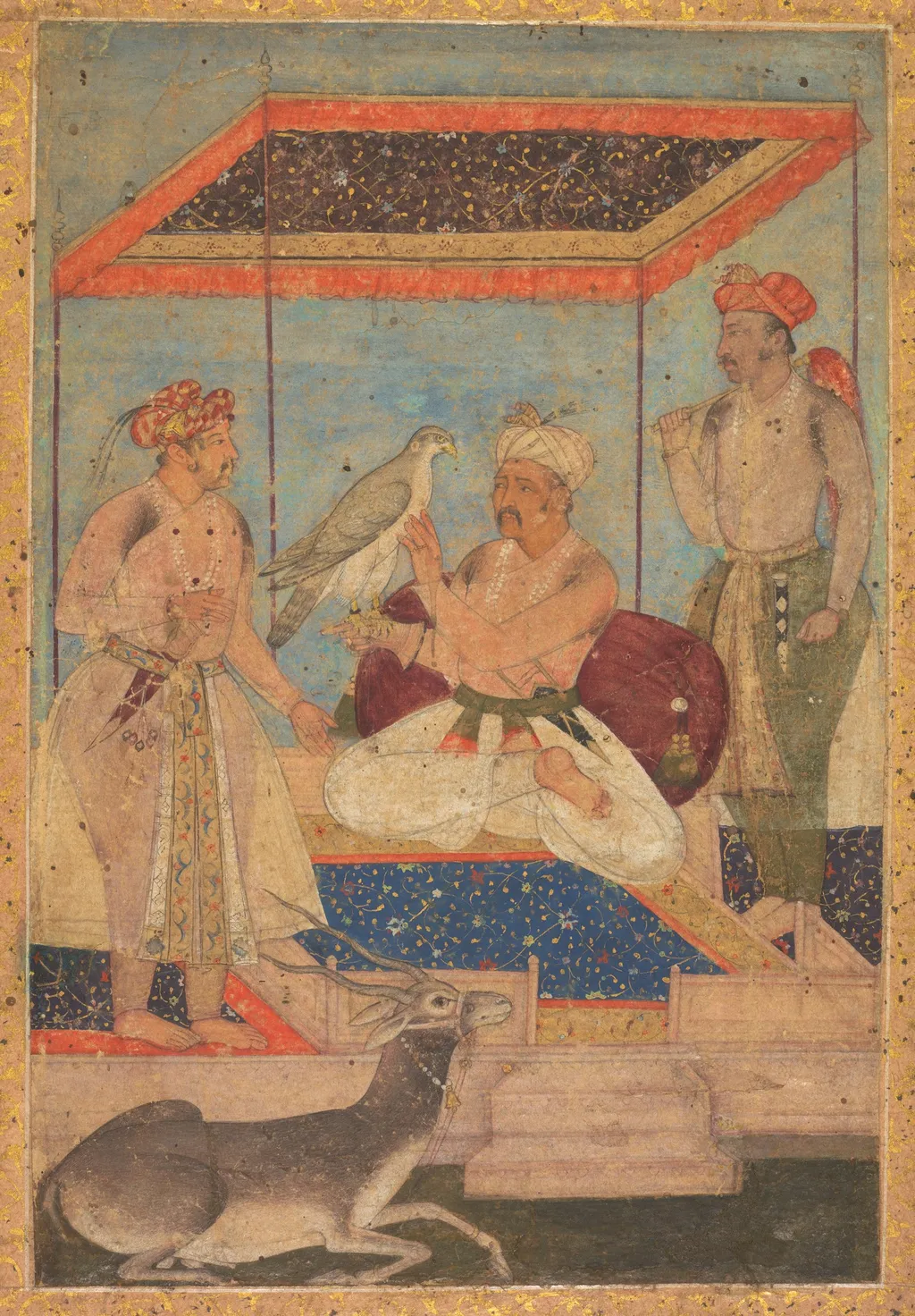 Akbar and Jahangir Examine a Ghir Falcon while Prince Khusrau Stands Behind, unspecified, 1603
