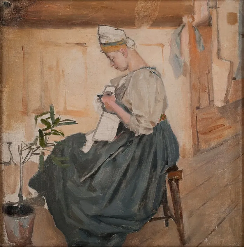 Mary Gallen ompelee karjalaistuvassa, by Akseli Gallen-Kallela, unspecified