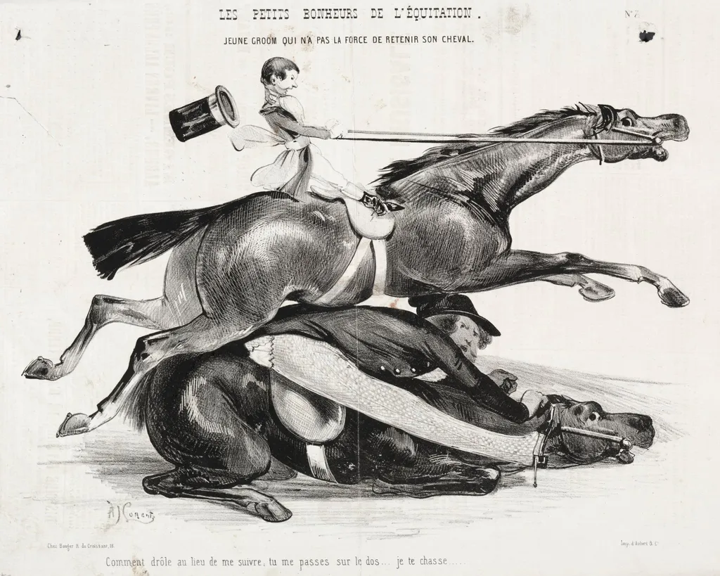 Les petits bonheurs de l'équitation: Jeune Groom qui n'a pas la force de retenir son cheval, by Alade Joseph Lorentz, 1842