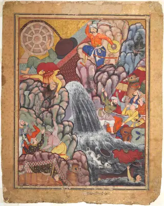 Alamshah cleaving asunder the chain of the wheel, from volume 11 of a Hamza-nama (Adventures of Hamza)