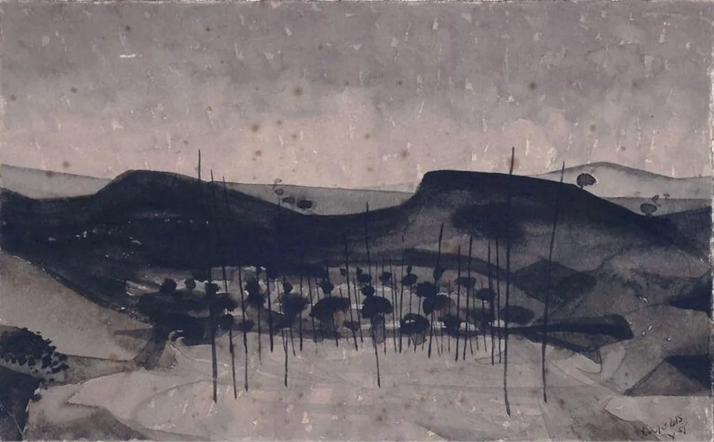 Landscape in brown and black, by Alan Reynolds, watercolor, 1957