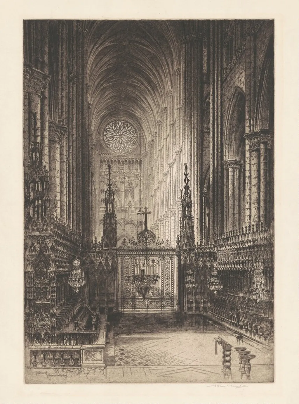 Interior of Amiens Cathedral, by Albany E. Howarth, ink, 1931