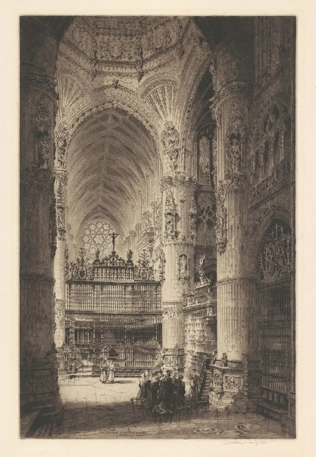 The Great Screen & Choir, Burgos, by Albany E. Howarth, ink, 1927