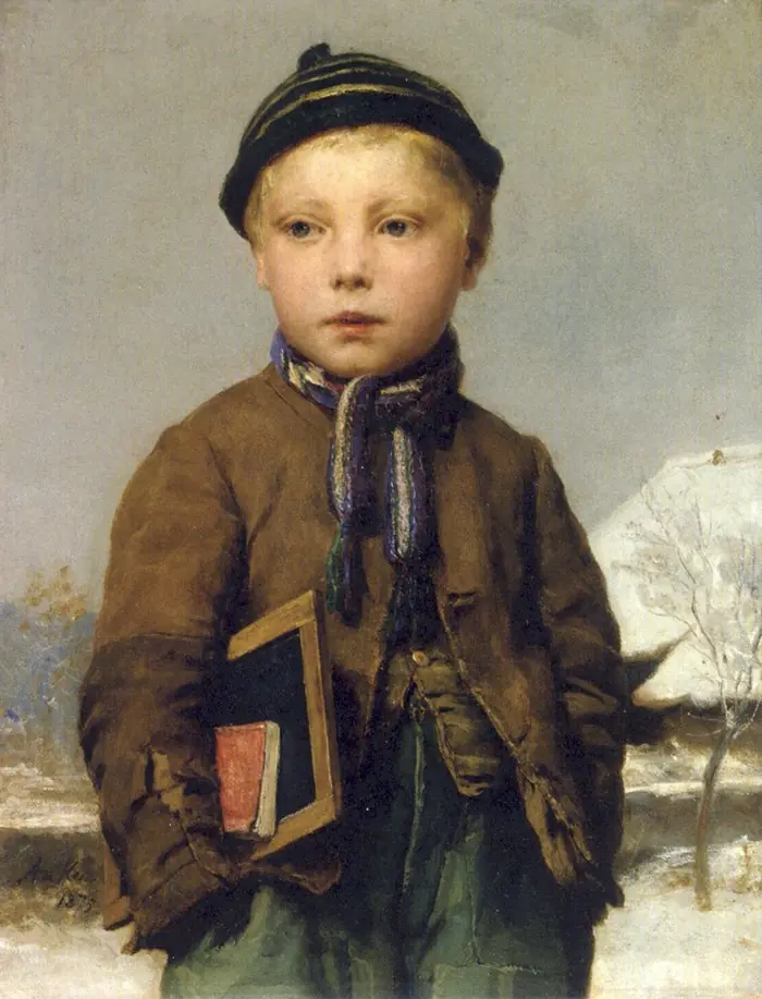 School boy with slate board in a snowy landscape, by Albert Anker