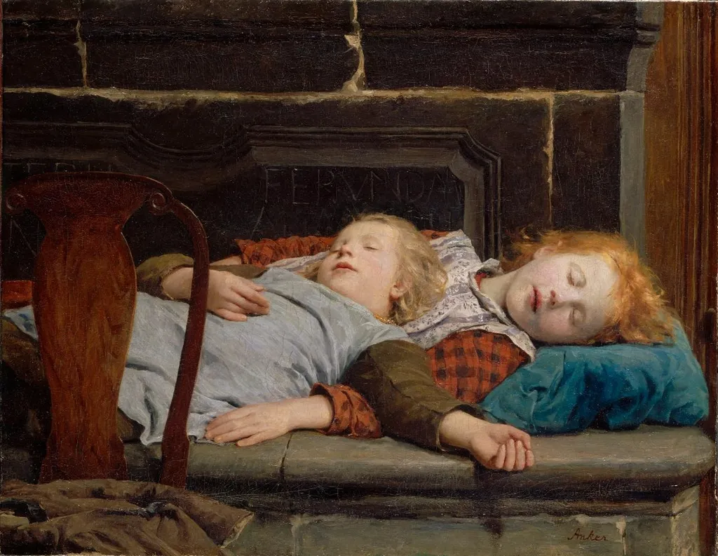 Zwei schlafende Mädchen auf der Ofenbank, by Albert Anker, oil, 1898