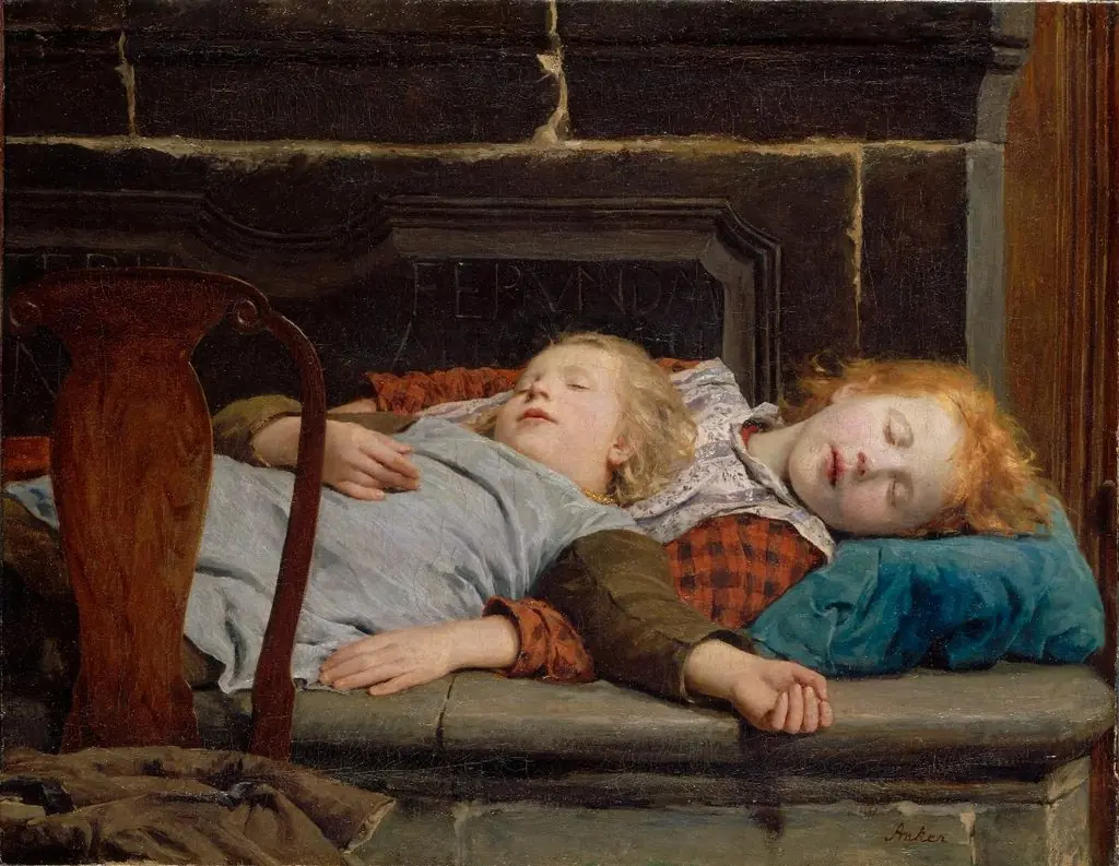 Zwei schlafende Mädchen auf der Ofenbank, by Albert Anker