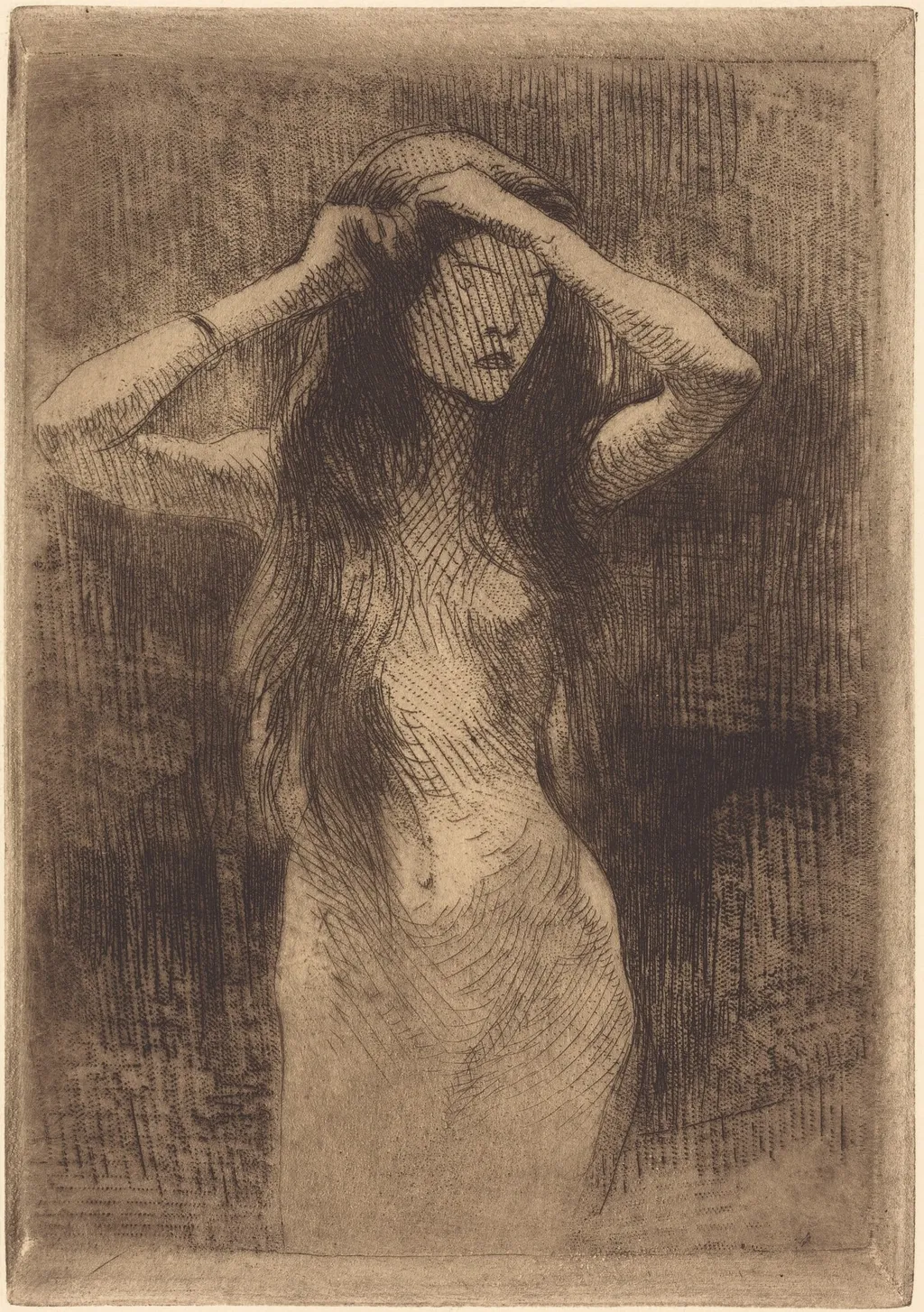 Nude Girl Combing Her Hair, by Albert Besnard, ink, 1887