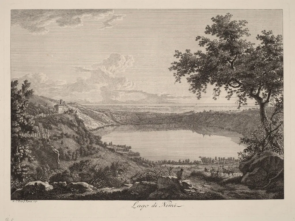 Lago di Nemi (Lake Nemi), by Albert Christoph Dies, ink, 1792