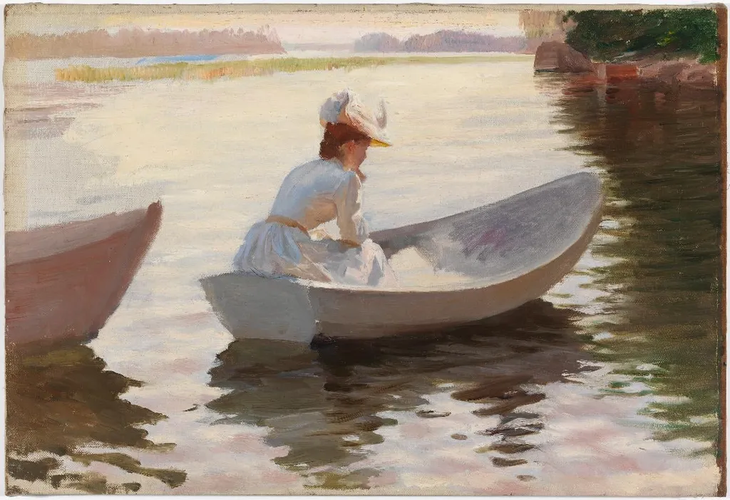 Nainen veneessä, harjoitelma teokseen Tyttöjä veneessä, by Albert Edelfelt, unspecified, 1889
