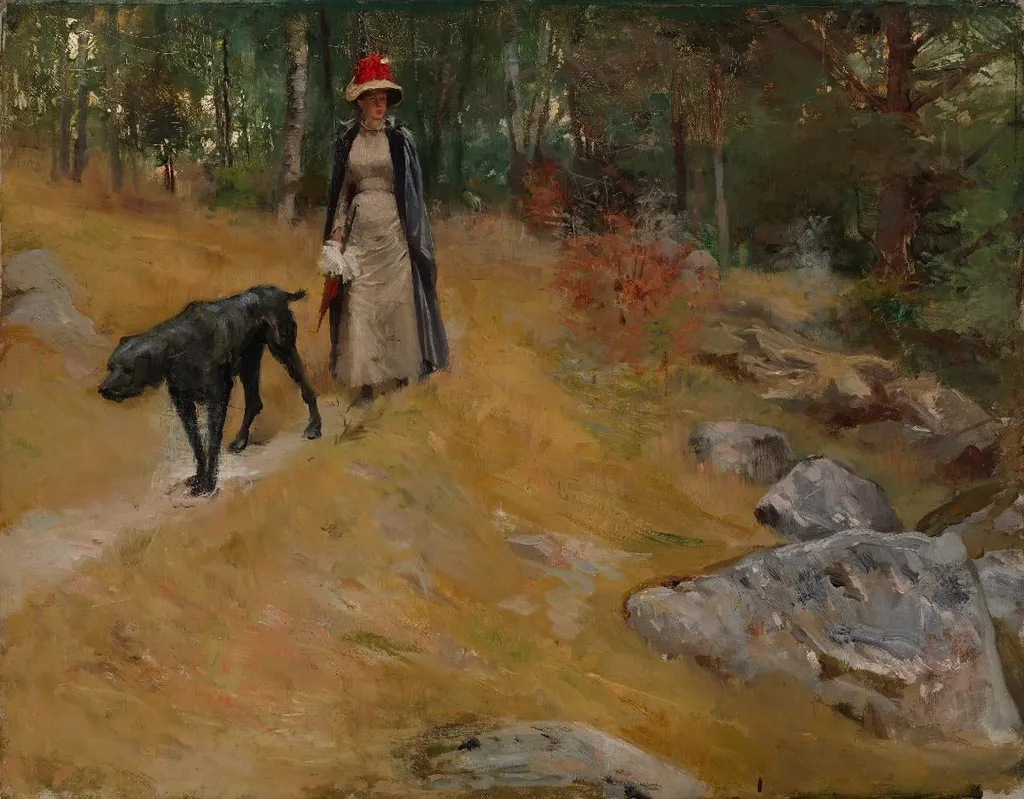 Rantatöyräällä (Annie Edelfelt koiran kanssa), by Albert Edelfelt, unspecified, 1889