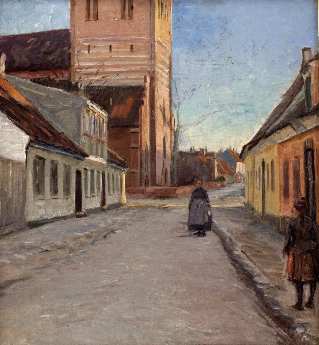 Gade i Køge med Nicolai kirke til venstre, by Albert Gottschalk, oil, 1900