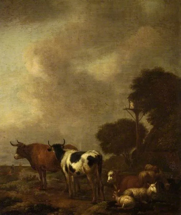 Cattle in a landscape, by Albert Klomp, oil, 1666