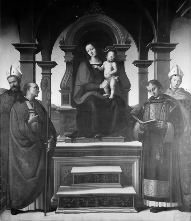 Madonna med barnet omgivet af fire helgener, by Albert Küchler, oil, 1852