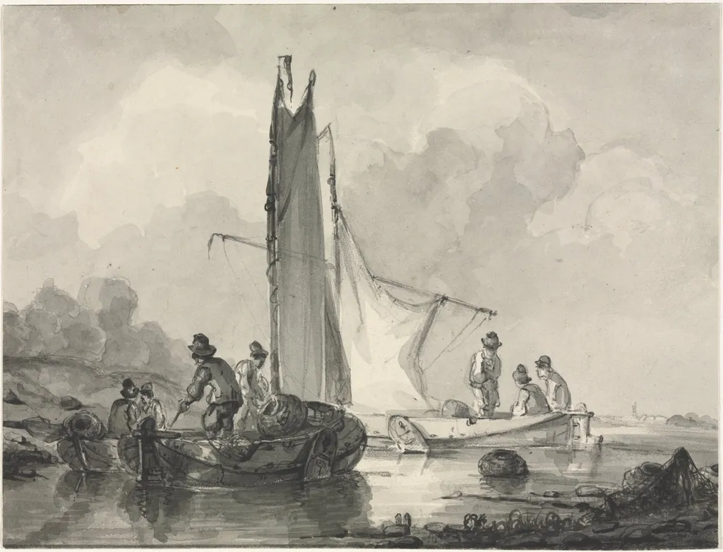 River Landscape with Fisherman and Three Boats, by Albert van Beest, 1845