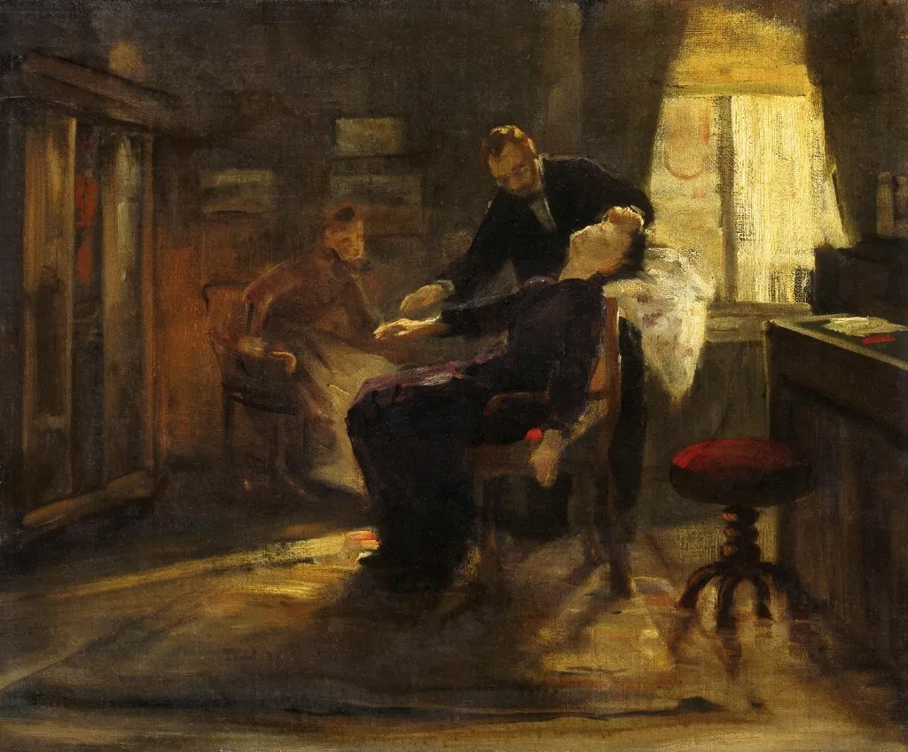 Hypnose bei Schrenck-Notzing, by Albert von Keller, oil, 1893