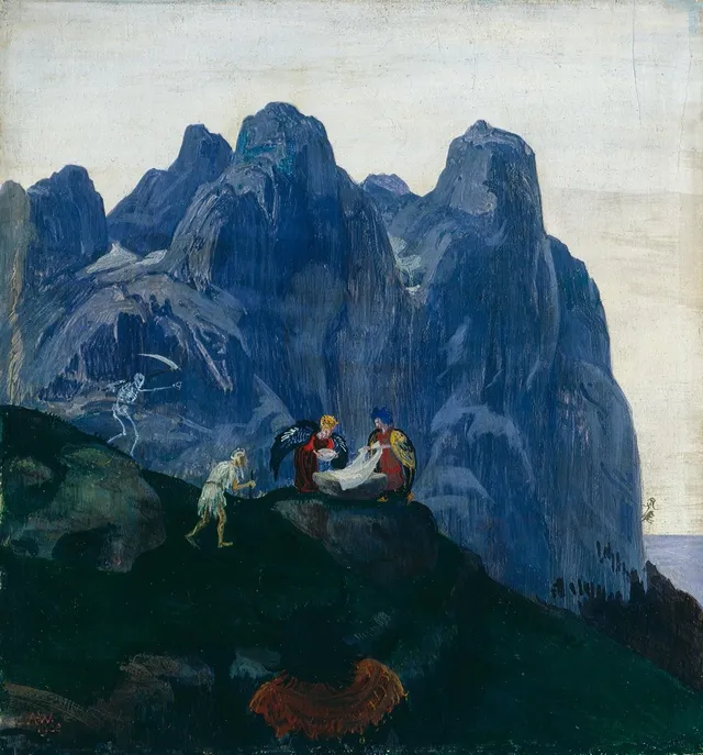 Berglandschaft mit Einsiedler, Engeln, Tod und Teufel — Albert Welti